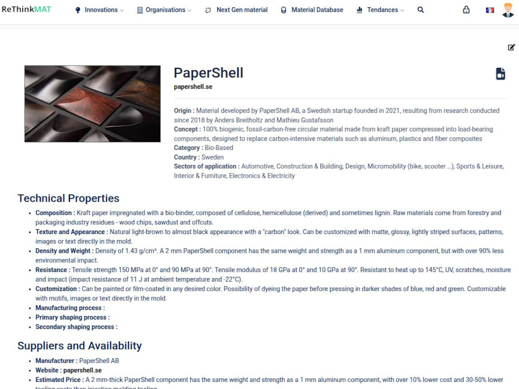 ReThinkMAT Next Gen material Database detail